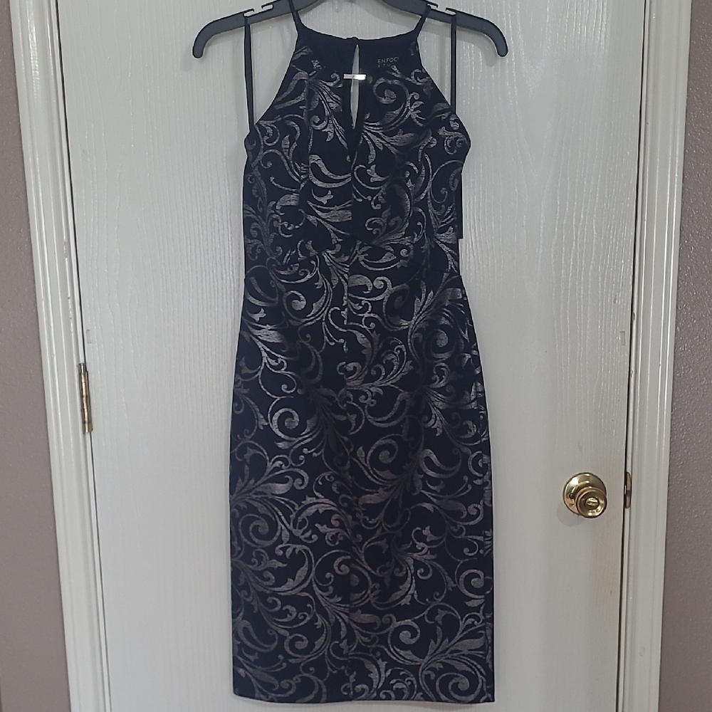 Enfocus Studio Navy and Silver Patterned Midi Dress